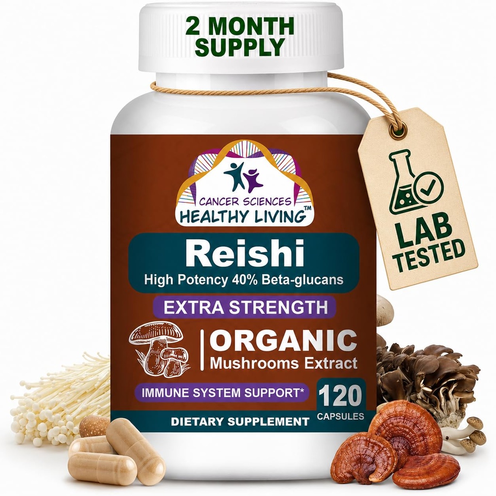 CANCER SCIENCES Reishi Wellness Mushroom Supplement Capsule, USDA Certified Organic Mushrooms Extract, Extra Forza 1.500 mg, Alta Potenza 40% Beta-Glucans, Supporto immunitario, Anti-invecchiamento, 120 Capsule