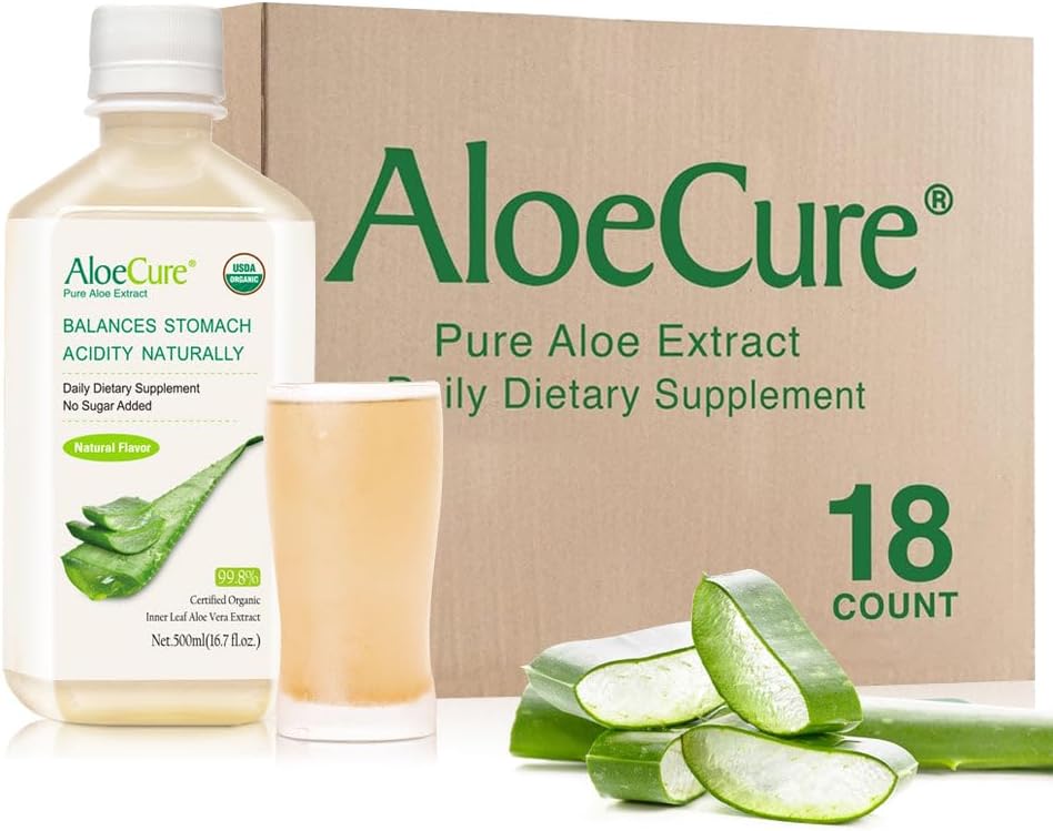 AloeCure USDA Organic Aloe Vera Juice Made In 12 Hrs of Harvest - Pure Aloe Juice Integratore digestivo naturale per sostenere la digestione, il sistema immunitario e l'acidità di stomaco bilanciata, 18 x 500ml Bottiglie