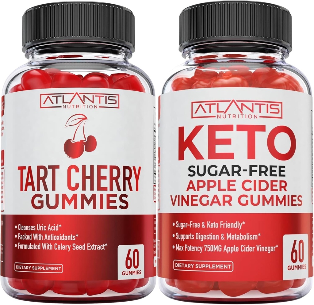 Atlantis Nutrition Tart Cherry 60 Gummies + Sugar Free Keto Aceto di sidro di mele 60 Gummies
