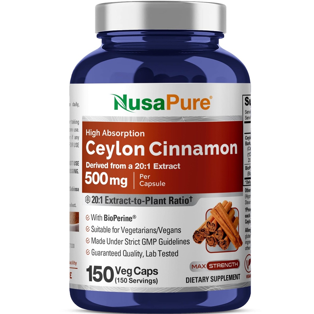 NusaPure Ceylon Cinnamon20:1 Estratto, 500 mg Equivalente a 10.000 mg Per Caps | 150 Veggie Capsule | Non-GMO, Vegan con Bioperine