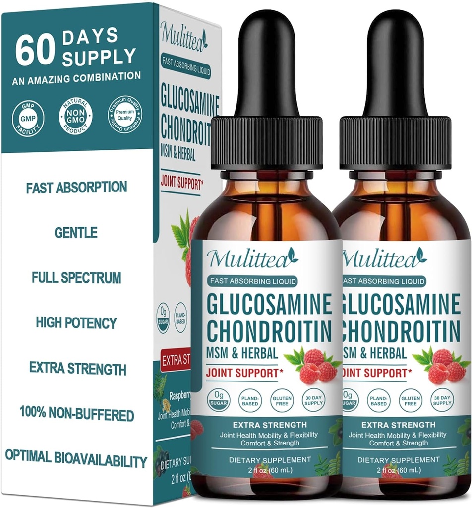 (2 Pack) Glucosamina Condroitin MSM Liquid Drops - Supplemento di supporto congiunto ad alta resistenza con Elderberry, Boswelia, Bromelain, Acido Ialuronico - Supporto Immune Antiossidante per Adulti, Uomini e Donne
