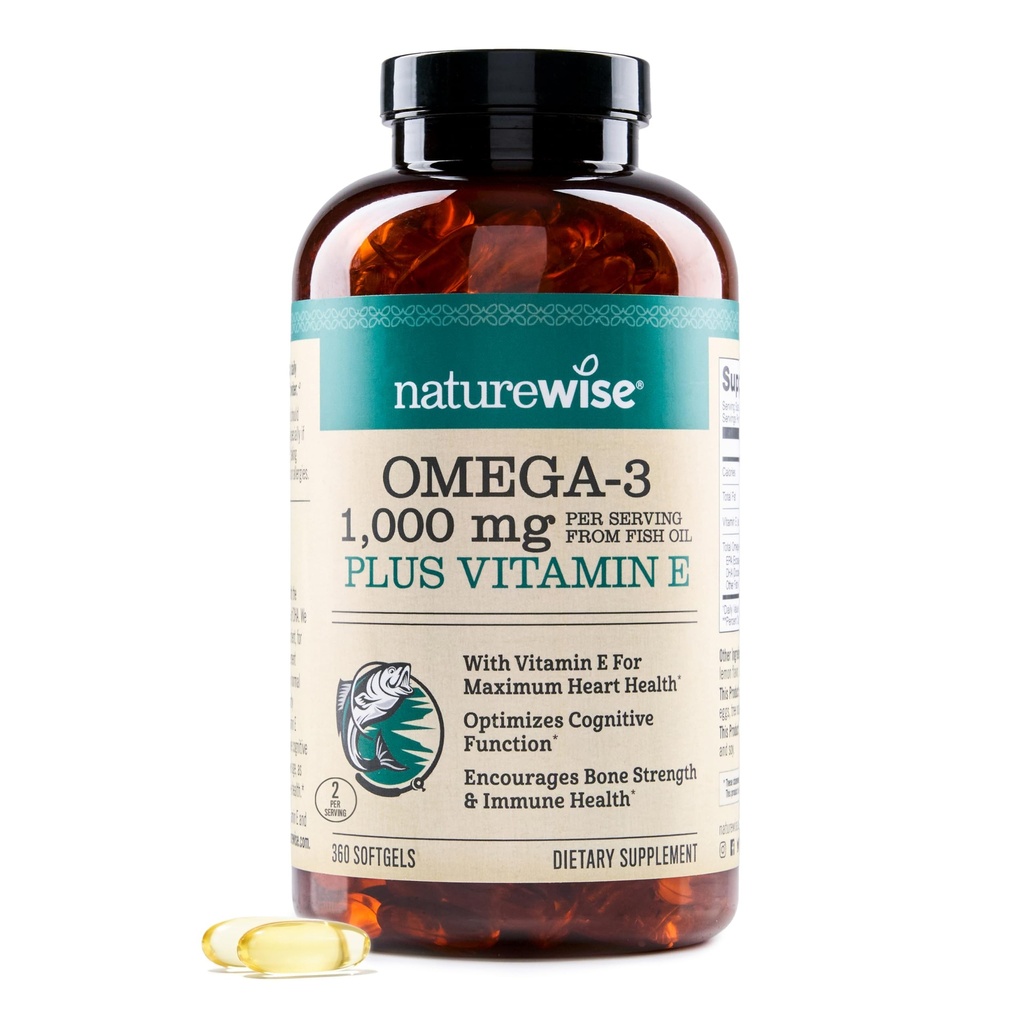 NatureWise Extra-Strength Omega 3 Fish Oil Supplement - 1000mg per Serving - 600 EPA & 400 DHA e Vitamina E - Supporto per la salute del cuore e del cervello - Limone Flavor, GMO-Free - 360 Softgels[6-Month Alimentazione]