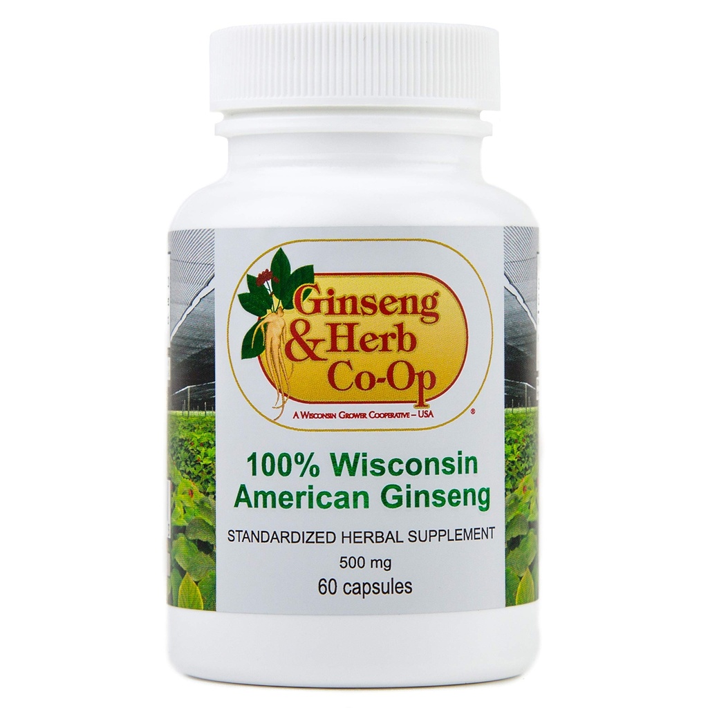 100% Pure Wisconsin American Ginseng Capsules - 500mg. Autentico Panax Quinquefolius. Potente radice di Ginseng terra - Nessun filler, Binders o altri additivi.