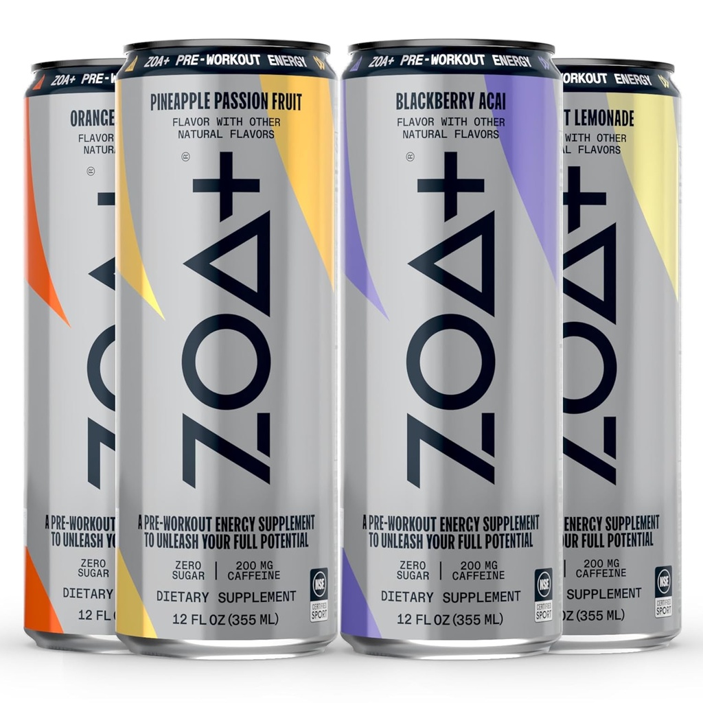 ZOA+ Pre-Workout Energy Drink, Variety Bundle - NSF Certificato per lo sport con Zero Sugar, Nitric Oxide Support, B & D Vitamine, Aminoacidi ed Elettroliti - 48 confezione