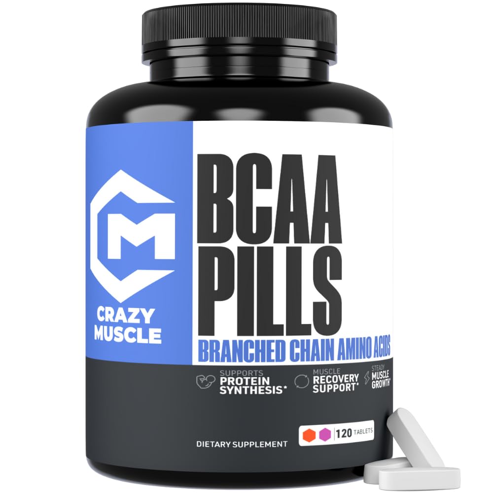 Crazy Muscle BCAA Pillole con il rapporto perfetto 2:1:1:1 di Aminoacidi a catena ramificata Supplemento, 1000mg di BCAA per pillola (migliore delle capsule), 120 compresse