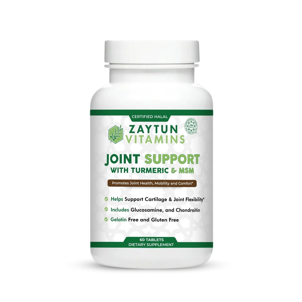 Zaytun Halal Joint Support with Turmeric + Glucosamine, promuove la salute comune, la flessibilità e supporta la mobilità, 1 mese di fornitura, senza glutine, senza gelatina, Made in USA - Halal Vitamins