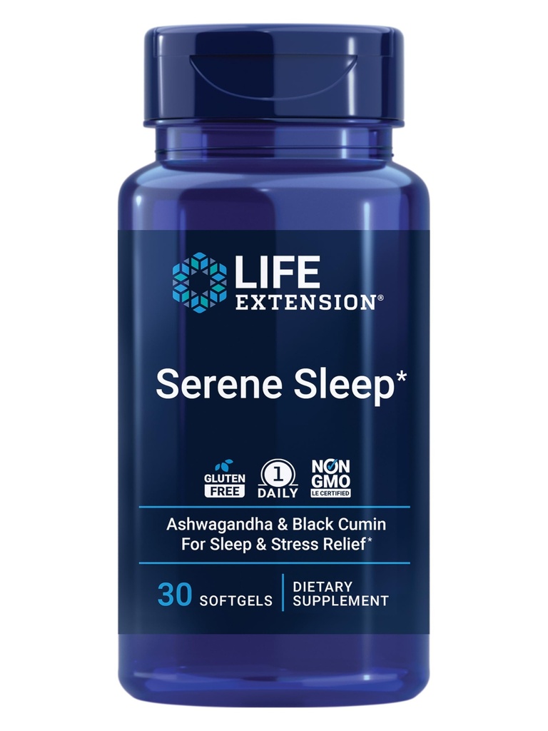 Estensione della vita Serene Sleep – Ashwagandha, Cumin nero – Supplemento al sonno, Calma, Rilassamento, Sostegno al sonno Senza Melatonina – Una volta-Daily, Senza glutine, Non-GMO – 30 Softgels