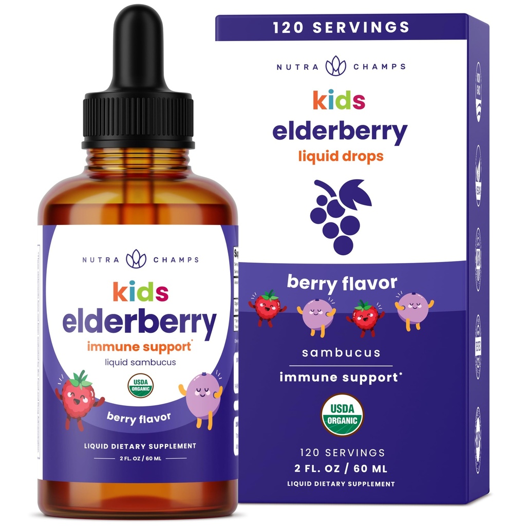 NutraChamps Black Elderberry for Kids Liquid Drops, 10:1 Estratto Sambucus Elderberry Syrup per bambini, Zucchero-Free europeo Elderberry Drops Berry Flavor, Supporto immunitario, 4 mesi di alimentazione