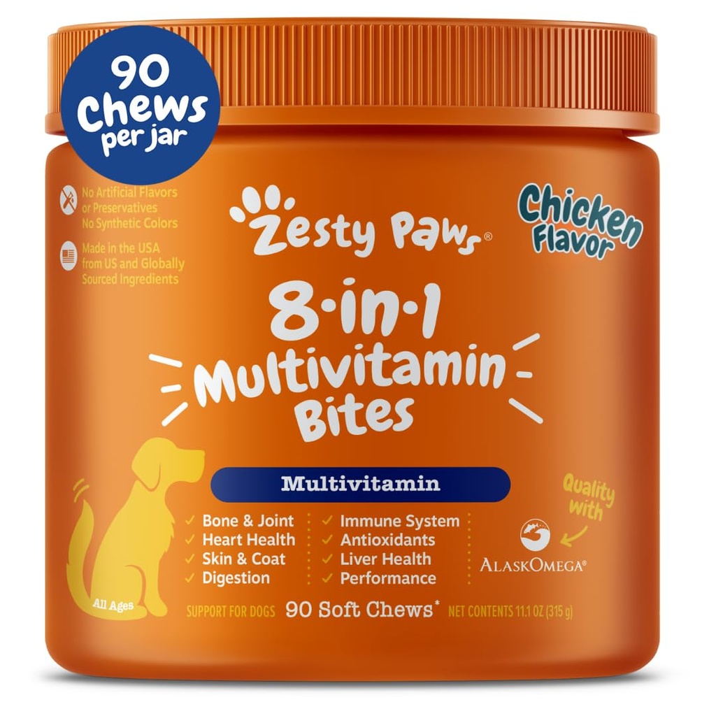 Zesty Paws Dog Multivitamin, Chewable Dog Vitamins and Supplements for Hip & Joints, Skin & Coat, Omega 3 Fish Oil for Dogs- Senior & Puppy Multivitamin- Pollo- 90ct