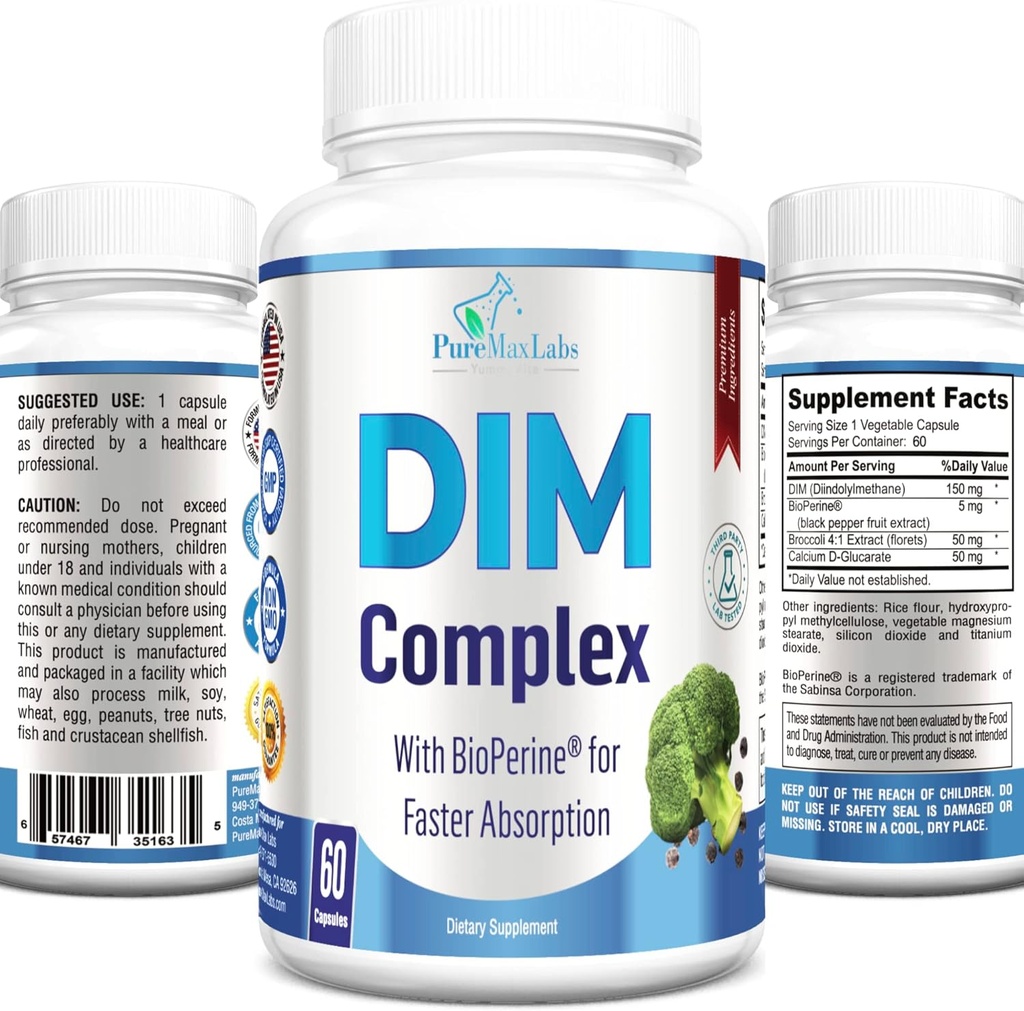 DIM Supplemento – 150mg DIM (diindolylmethane), Broccoli, Calcium D-Glucarate & Bioperine - Equilibrio dell'ormone per gli uomini e le donne, estrogeni, equilibrio di menopausa - 60 capsule