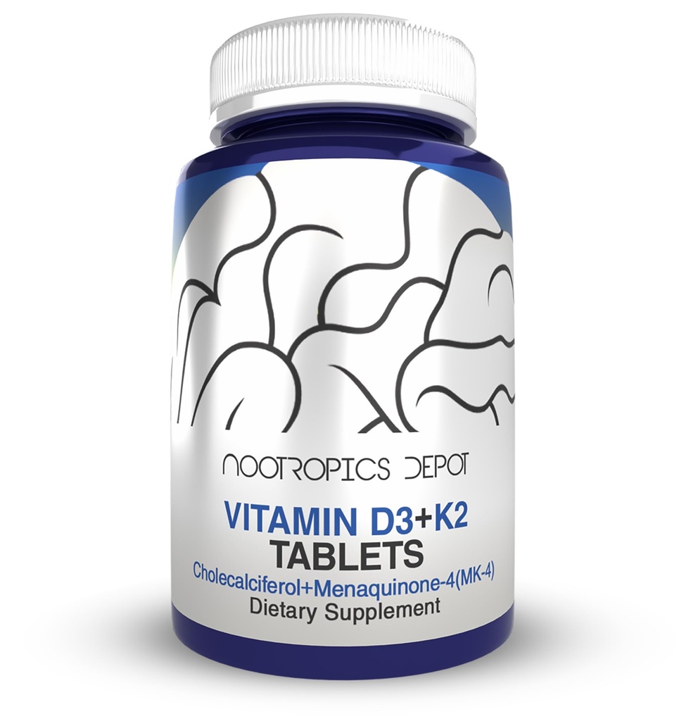 Nootropics Depot Vitamin D3 + K2 con Vitamina C Tablets | 60 Count | Cholecalciferol + Menaquinone-4 (MK-4) | Mood, & Bone Health | Assorbimento sano di calcio