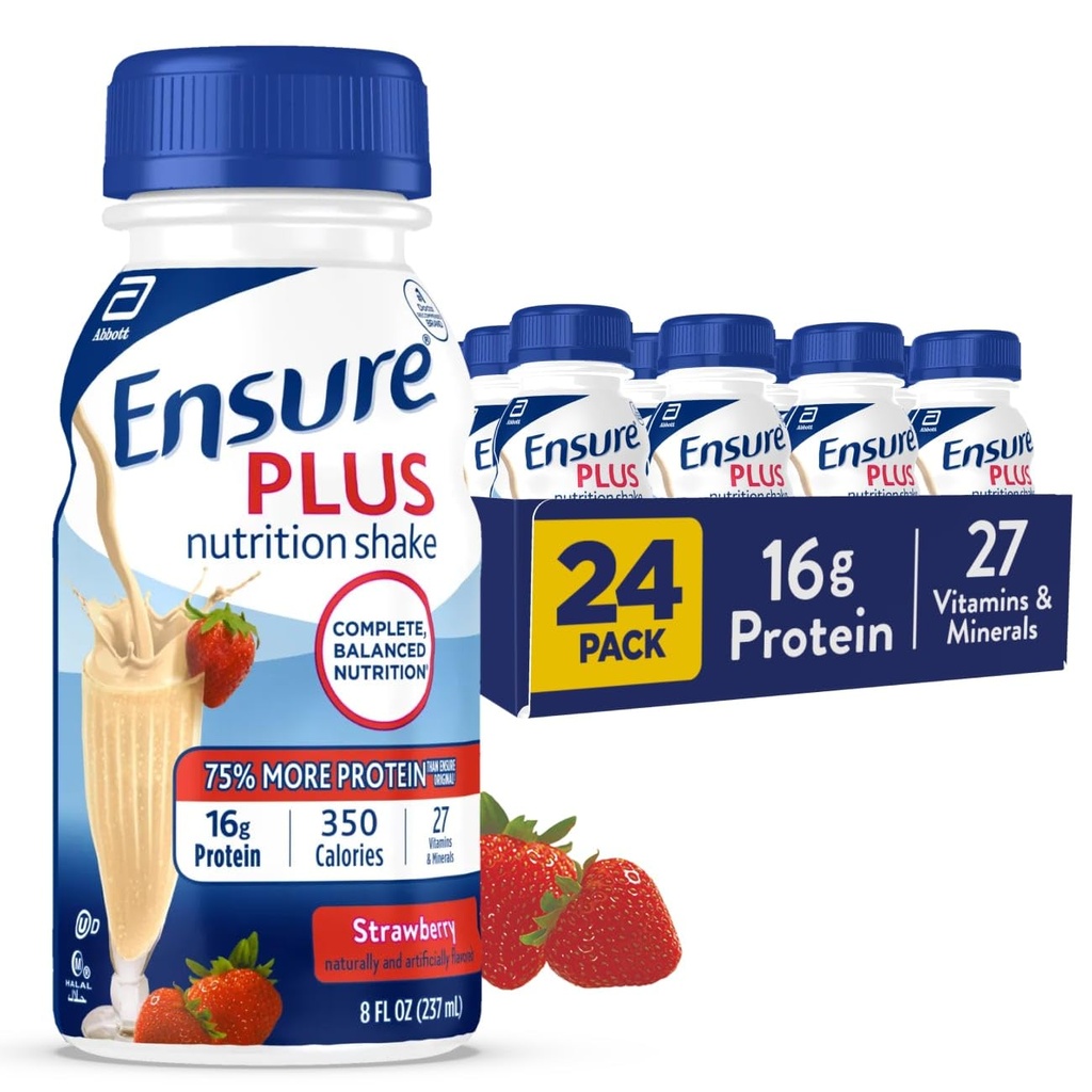 Assicurare Plus Strawberry Nutrition Shake | Meal Sostituzione Shake | Pronto per bere | 16g Protein e 27 Vitamine e Minerali | 8 fl oz - 24 Pack