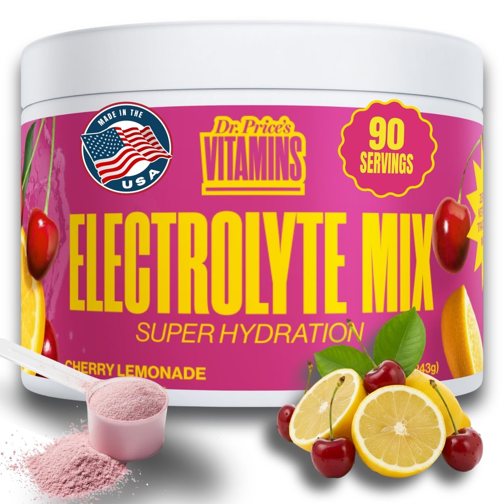 Dr. Price’s Electrolyte Mix | Polvere di idratazione senza zucchero con 72+ Minerali di Trace | No Zucchero, Rapido Dissoluzione Elettroliti Polvere Packets | Limonata di Ciliegia, 90 Serve
