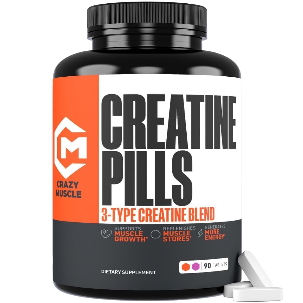 Crazy Muscle Creatine Pills, 5g 3X Pure Creatine Monohydrate, Pre Workout Bulk Muscle Mass Gainer, Alta assorbimento Facile da prendere ThreeAtine 3 Tipo Optimum Performance per la crescita magra, 90 compresse