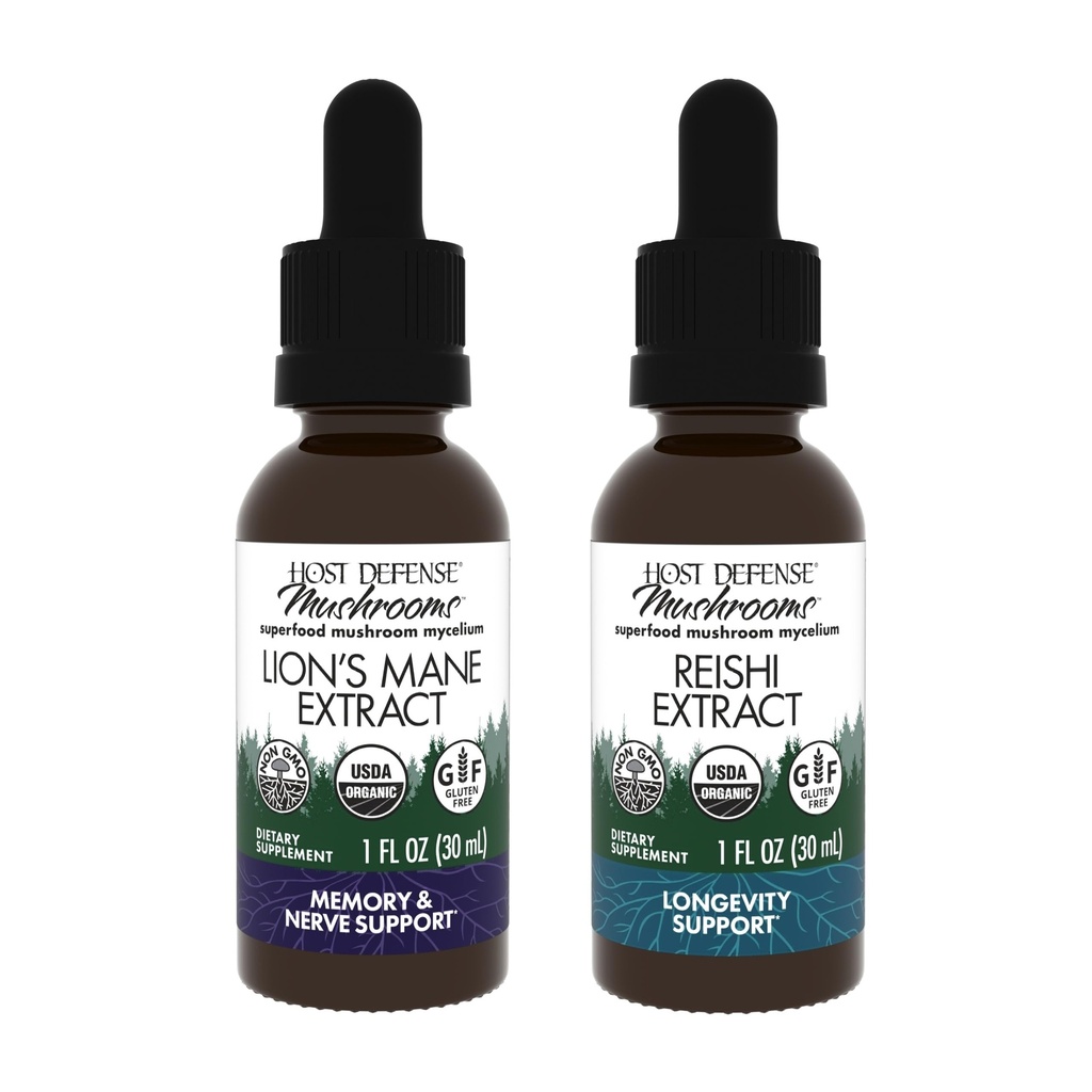 Bundle difesa ospitante con estratto di mane del leone, 1 fl oz & Reishi Extract, 1 fl oz - Support Brain Health, Memory & Focus - Support Heart & Immune Health*