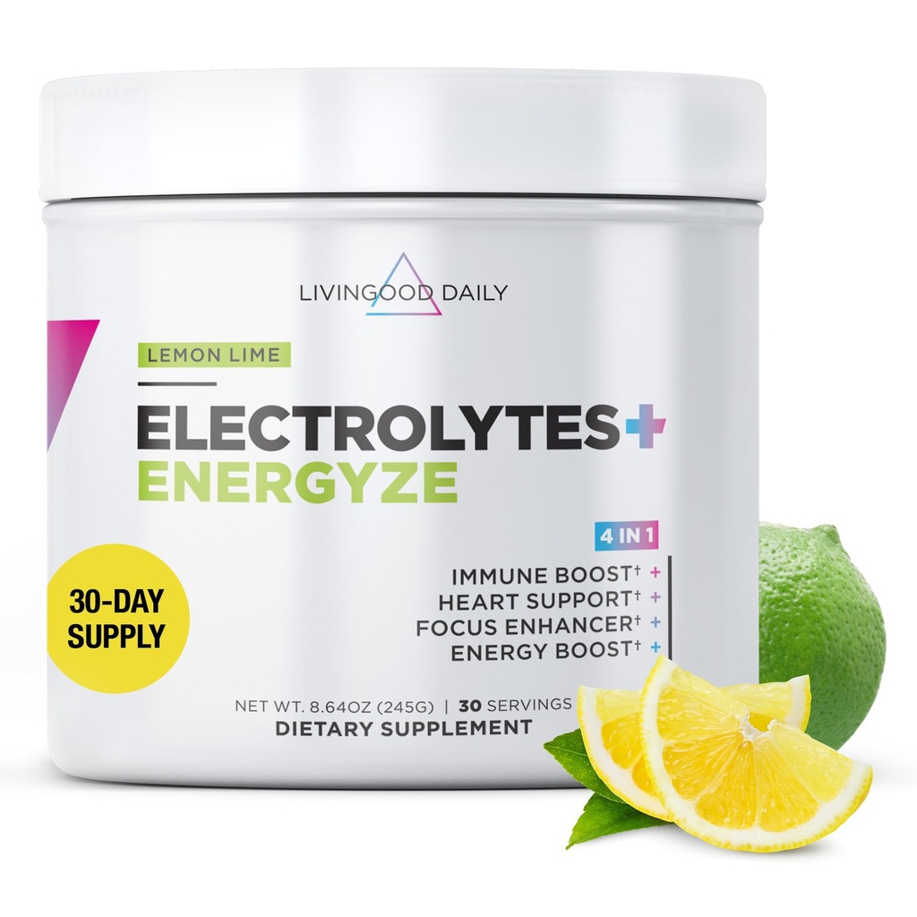 Polvere di elettroliti giornalieri di Livingood, Polvere di idratazione di elettroliti con vitamina C, Taurina, D Ribose & FOS, Miscela di bevanda di elettrolita senza zucchero, Keto, senza glutine, Lime di limone Flavor, 30 Servings