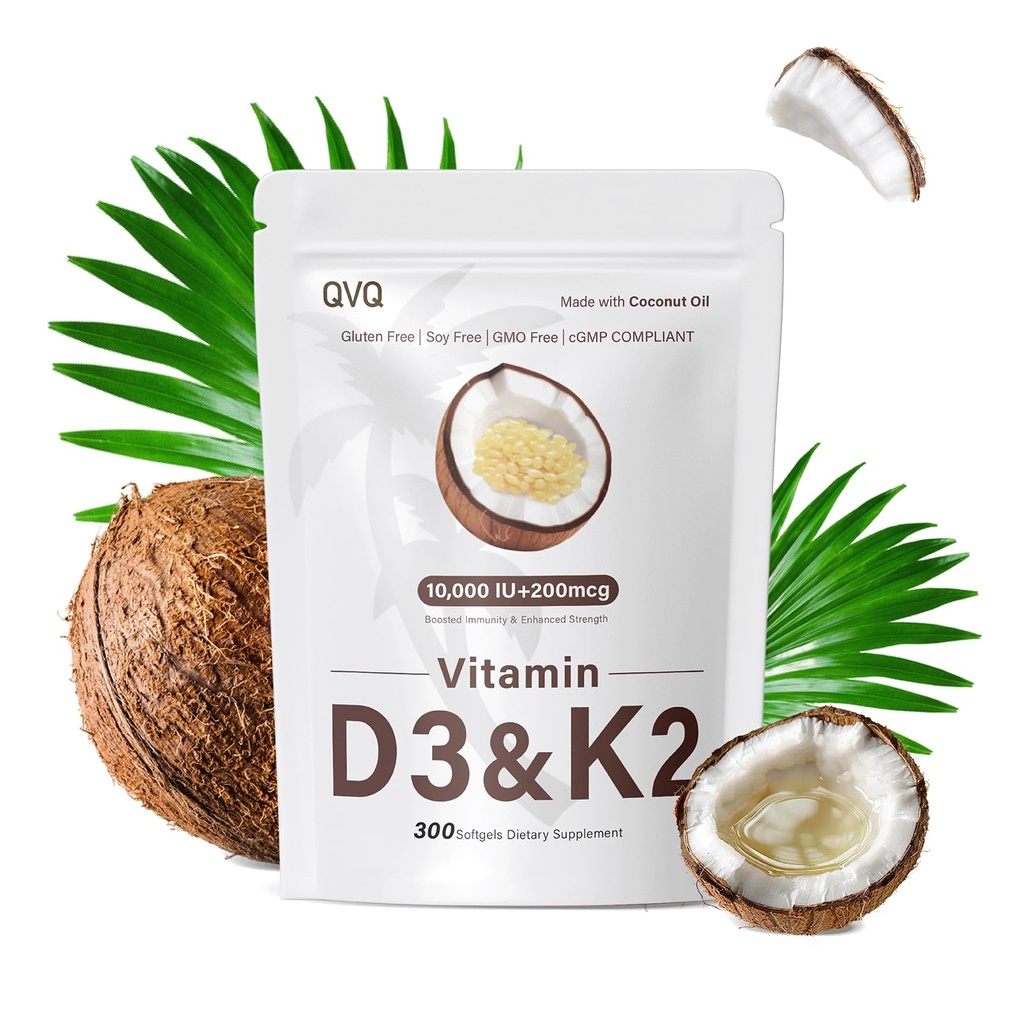 300 Pcs 2 in 1 Vitamina D3 10000 iu Plus K2 (MK-7) 200 mcg Olio di cocco vergine Softgels con vitamine D & K Supporta l'assorbimento del calcio, Bone, Immune, & salute del cuore – Facile da ingoiare