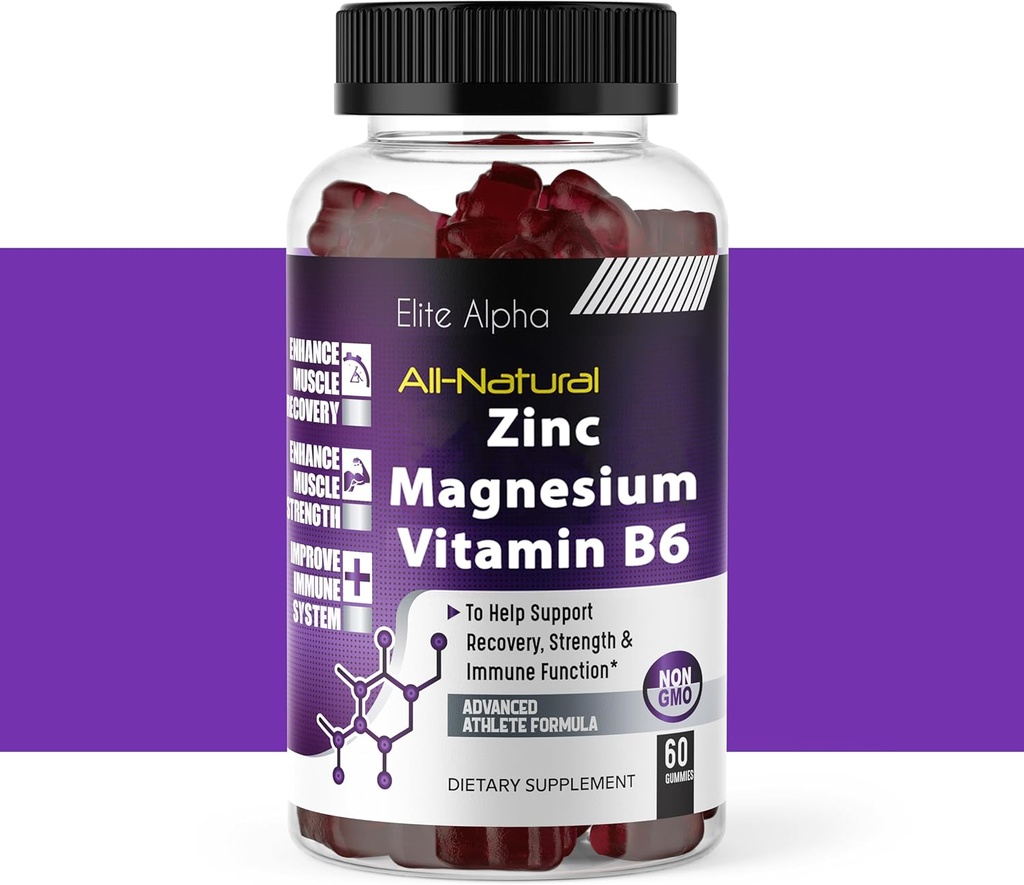 Zinc+Magnesium+Vitamin B6 Gommie Max Strength - Potente Zinco All-Naturale, Magnesio, B6 per il supporto immunitario e l'energia muscolare & Recupero