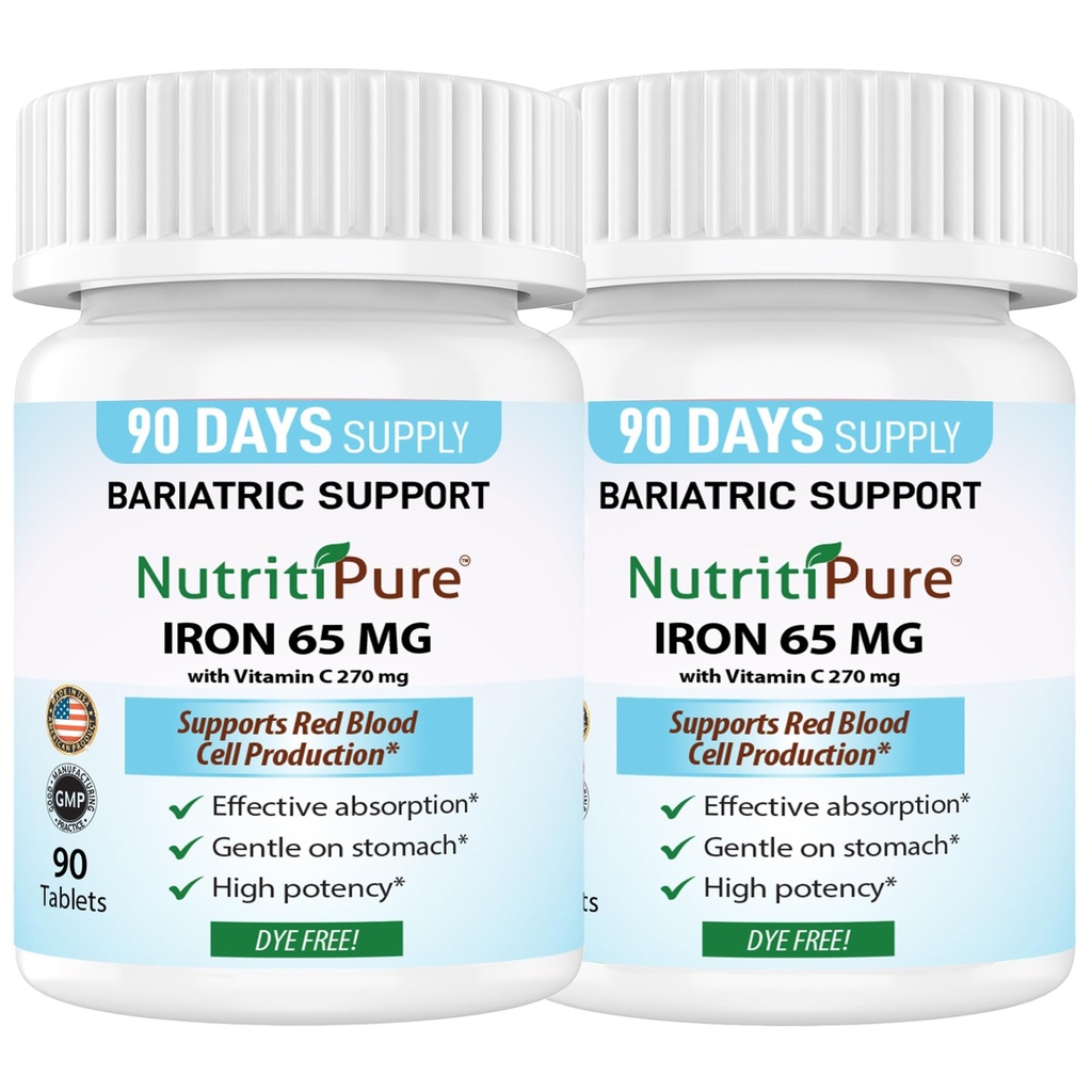 Tavoletta in ferro di carbonio 65 mg con 270 mg di vitamina C |180 giorni di alimentazione | per le vitamine baratiche ad alta potenza per i pazienti WLS Compreso Gastric Bypass | Dye Free (2)