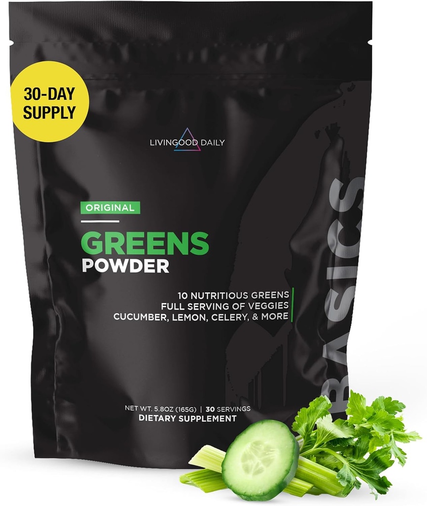 Livingood Daily Basic Greens Powder, Super Greens Bere Mix con Spirulina, Broccoli, Kale, erba di grano & Chlorella, Miscela vegetale biologica, Vegan, Gluten Free, Non OGM, 30 Serve
