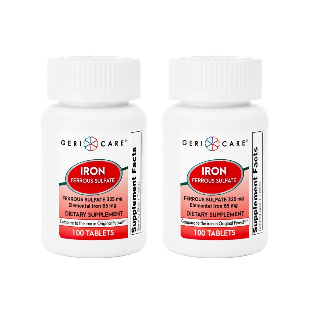 GeriCare Ferrous Sulfate Tablets 325mg, Elemental Iron 65 mg High Potency Iron Supplement | Supplemento alimentare 100 Count. (Pacchetto di 2)