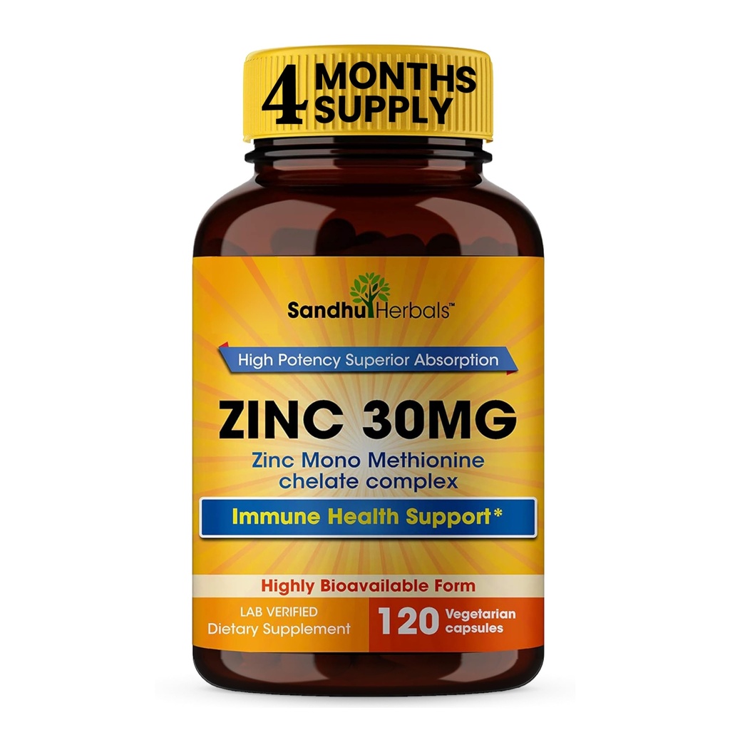 SANDHUHERBALS Zinc 30mg Capsule per Uomini e Donne | 120 Conta (Pack of 1) | Integratori di zinco per Supporto Immune & Antiossidante | Zink 30 mg Supporta la salute della pelle