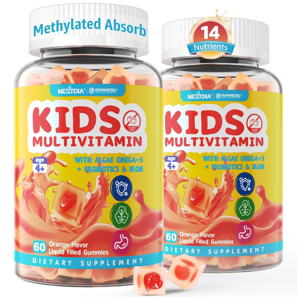 (2 Pack) Bambini Multivitaminici con ferro, senza zucchero, bambini Vitamine giornaliere + Probiotici, Alghe Omega 3 (EPA/DHA), A, C, D, Methyl B12, Folate, B6, Zinco, Biotina, per la crescita sana, Supporto immunitario