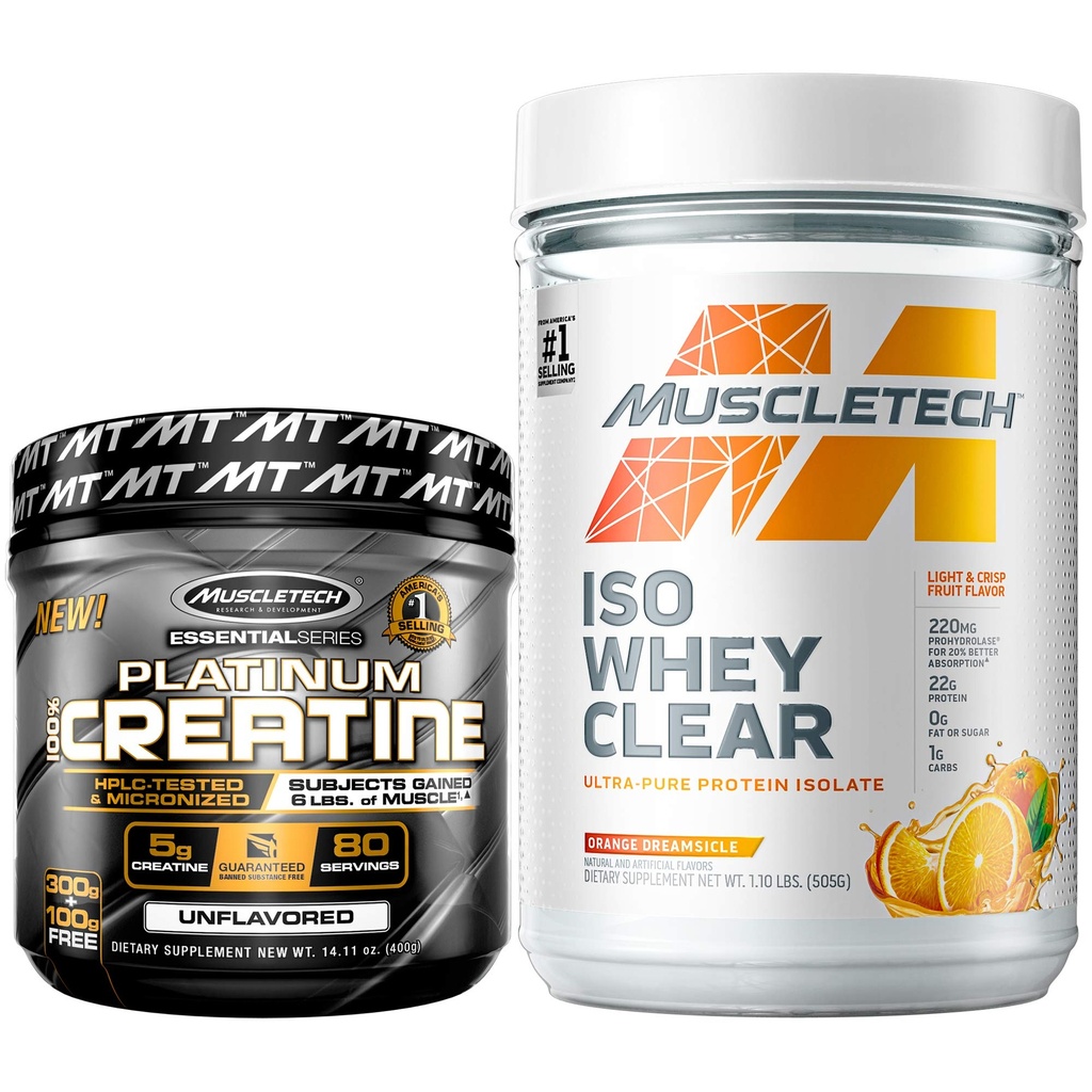 MuscleTech Creatina + Whey Protein Isolate Bundle Platinum Creatine Iso Whey Clear, Arancione