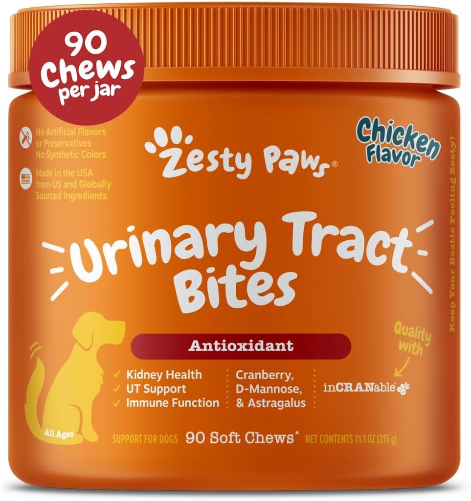 Zesty Paws Supplemento di mirtilli per cani - Controllo della vescica per cani - Supporto del tratto urinario - Cuciture di mirtillo - Supporto del fegato - Pollo - 90 Conte