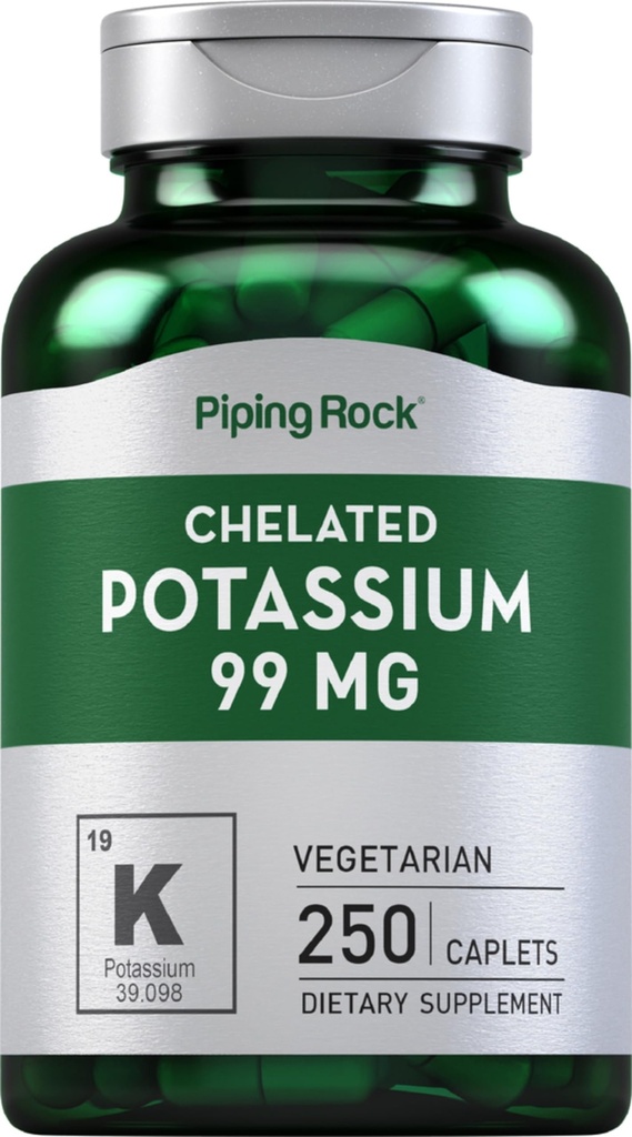 Piping Rock Chelated Potassium Supplement 99mg | 250 Caplets | Potassium Gluconate | Vegetariano, Non OGM, Gluten Free