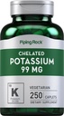 Piping Rock Chelated Potassium Supplement 99mg | 250 Caplets | Potassium Gluconate | Vegetariano, Non OGM, Gluten Free