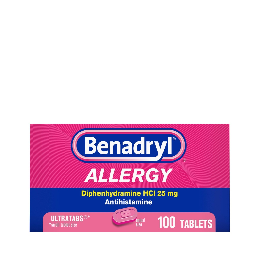 Benadryl Ultratabs Allergy Medicine, 25 mg Diphenhydramine HCl Antihistamine Tablets per freddo e allergia Rilievo di sintomi come starnuti, Runny Nose, Itchy Eyes & Throat, Hay Fever, 100 Count Tablets