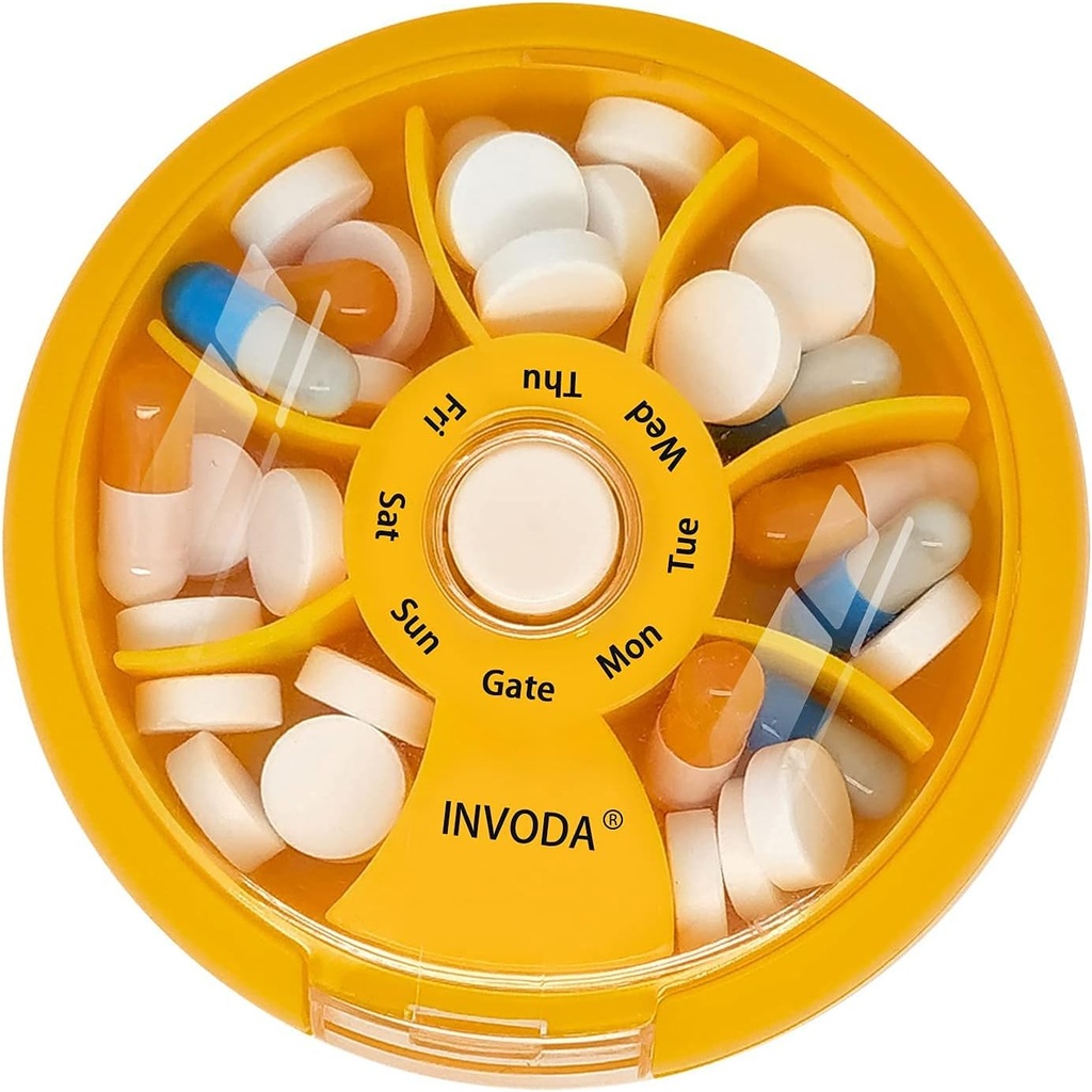Organizzatore di pillole settimanali INVODA 7 scomparti scatola di pillole rotanti per farmaci giornalieri e vitamine - Case di viaggio portatile caso Fish Oil Supplements Vitamins Organizer (Orange)
