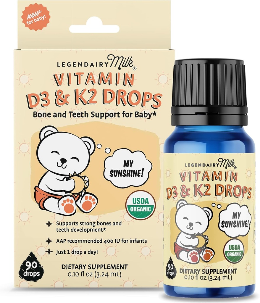 Latte Legendairy Latte Organico Baby Vitamin D3 K2 Gocce Liquide, 400 UI di Baby Vitamin D Gocce per Bambini con K2 Gocce, Vitamina D Gocce per Neonati, Bambini e Bambini, Vegan, 90 Gocce Liquido