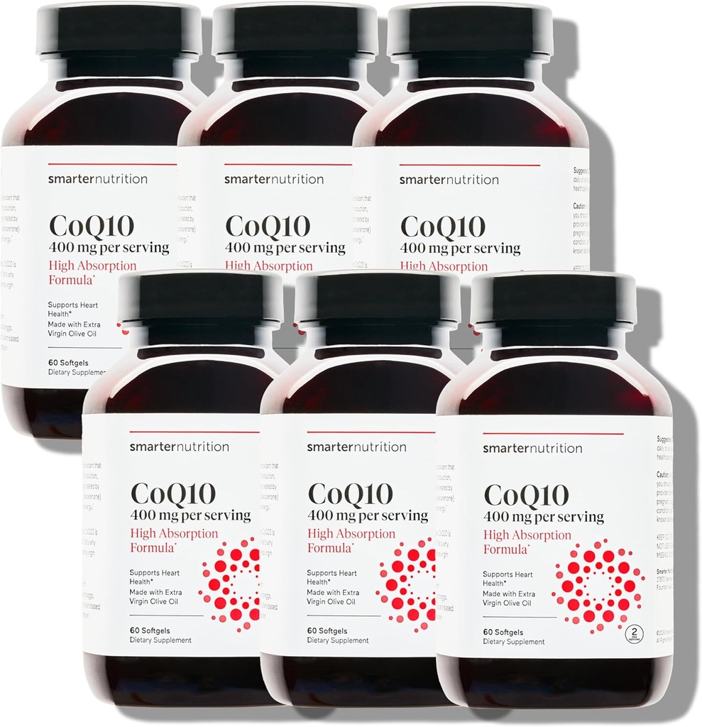 SMARTERNUTRITION CoQ10 400 mg ad alto assorbimento - Naturally Fermented Ubiquinone w/Organic Olio d'oliva a freddo - per la salute del cuore, Energia cellulare - Non-OGM, Gluten Free - 360 Count[180-Day Supply]