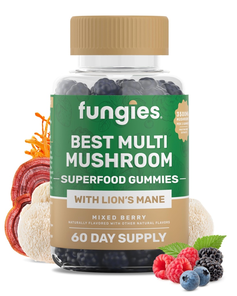 Fungie Multi Mushroom Gummies per gli uomini e le donne - Integratore di funghi Include Lion’s Mane, Cordyceps, Reishi, Chaga, Shiitake, Maitake & Turkey Tail - Gelatin-Free, Gluten-Free & Vegan Gummy Vitamins