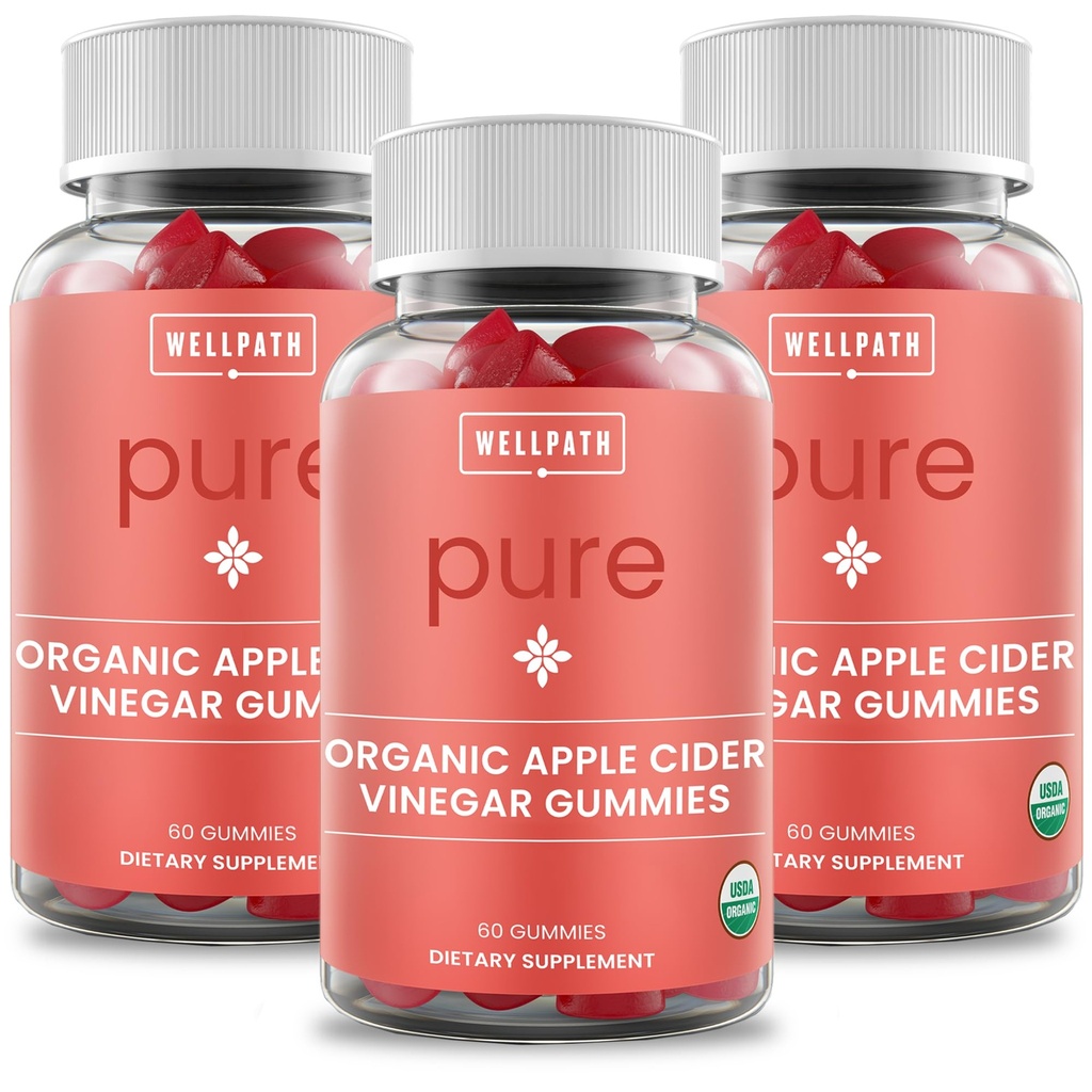 WellPath Pure Organic Apple Cider Vinegar Gummies from The Mother (3 Pack) - Realizzato con Ginger per Gut Health | Vegan, Non-GMO, 180 Ct