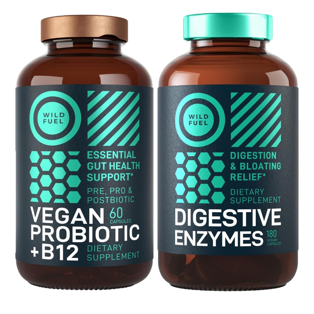 Enzimi digestivi con Probiotici e Prebiotici e Vegan Probiotic Plus B12 potenziato Digestivo e Gut Salute Bundle