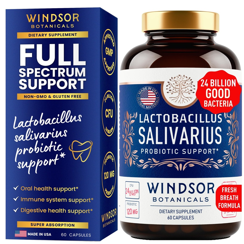Lactobacillus Salivarius Probiotico - 24bn CFU L Salivarius Probiotici dentali per denti e gengive - Trattamento cattivo del respiro per adulti, supporto immunitario, salute digestiva - 60 capsule probiotici orali