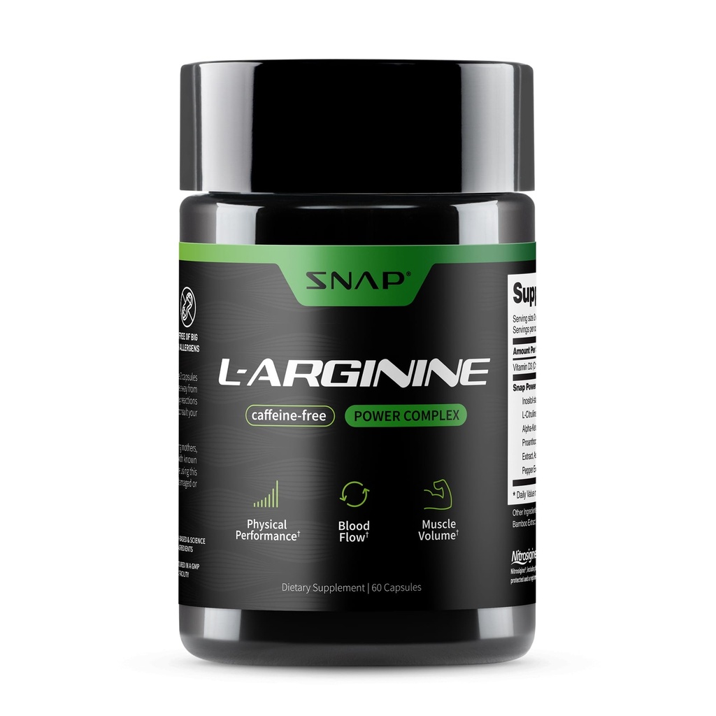 Snap Supplements L Arginina Capsules - Supporta l'energia naturale, l'aumento del flusso sanguigno e la crescita muscolare e la salute del cardio, 60 capsule vegetariane (30 Serve, 1 mese di fornitura)