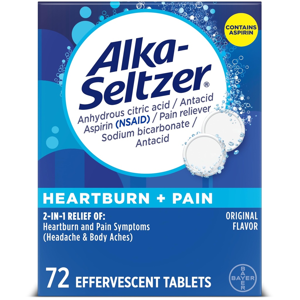 Alka-Seltzer bruciore di stomaco + dolore aspirina effervescente + compresse azotate, sollievo da bruciore di stomaco veloce e sollievo da indigestione acida, sollievo da dolore con aspirina, 72 Ct