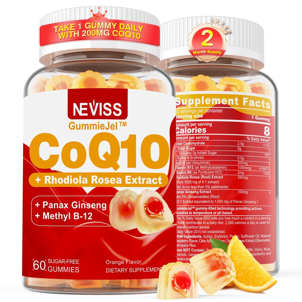 Zucchero gratis CoQ10-200mg 400mg Filled Gummies - 2 mesi di alimentazione - w/ Vitamina B12 1000mcg, Rhodiola Rosea & Panax Ginseng, B6, Coenzyme Q10 supplemento per Hear-t, Energy, Antiossidante, Ultra Absorption