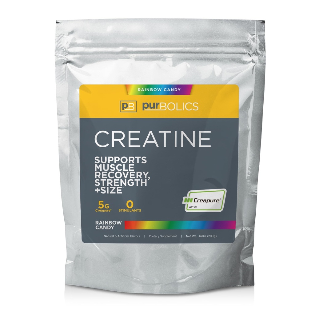 Creatina Purbolics Creatina Monoidrato, Creatina micronizzata 5g, Elevate prestazioni di allenamento e recupero, costruire resistenza, potenziare le pompe (50 Servings, Rainbow Candy)