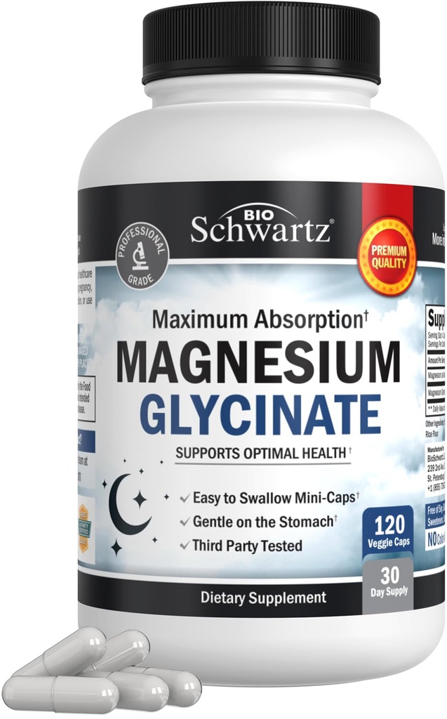 BioSchwartz Magnesium Glycinate 500mg Capsule (120 Mini Caps) Integratore di Magnesio di Assorbimento massimo per Nervi Sani Muscoli Cuocere e Sostegno al Sonno (Vegan, Senza Gluten, Non OGM)
