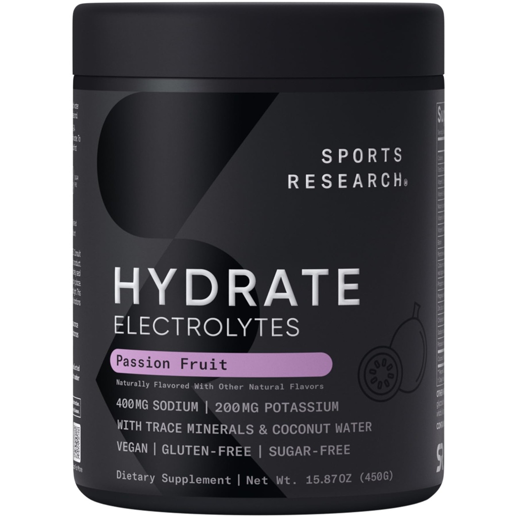 Polvere di elettroliti di Hydrate Sports Research® - senza zucchero e naturalmente aromatizzata con vitamine, minerali e acqua di cocco - Supporta l'idratazione - Frutta della passione - 90 Serve