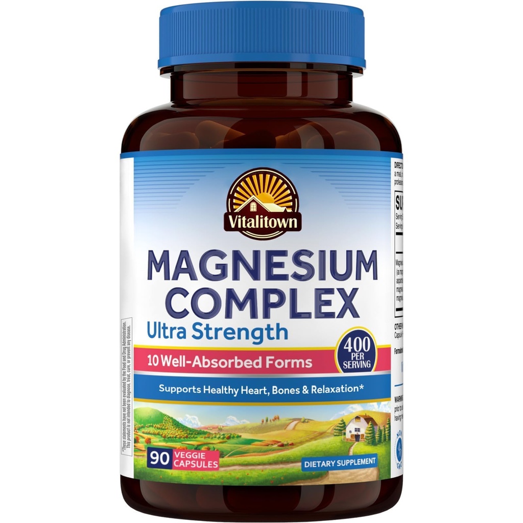 Vitalitown 10 in 1 Magnesio Supplemento Complesso - 400mg Magnesio Elementale Chelato con Glycinate, Citrato, Malate, Taurate & More - per il Cuore di Sonno Energia - Non-GMO, Vegan, 90 Caps