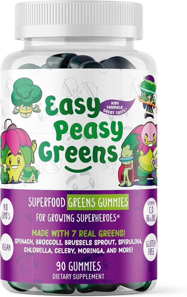 EasyPeasyGreens Daily Veggie Gummies per bambini - 90 Greens Gummies - Aiuta i mangiatori di Picky ottenere i loro verdure in - Fatto con 10 estratti vegetali reali e 100% Vegan