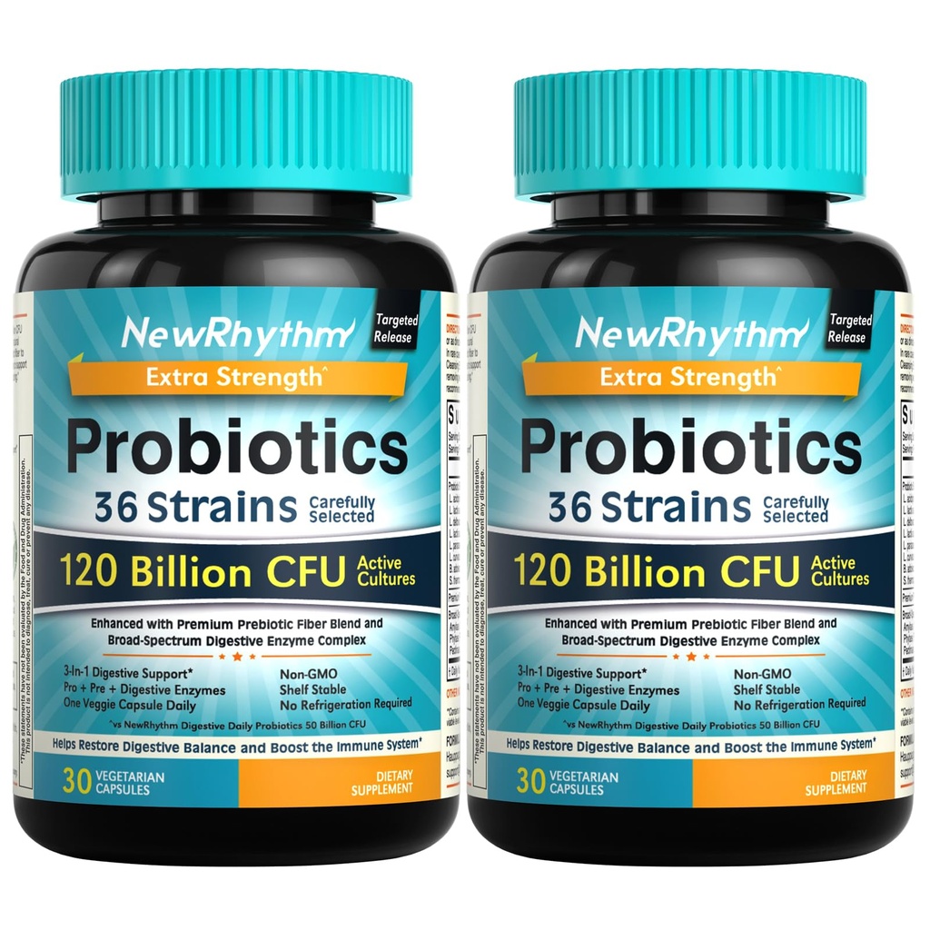 Probiotici NewRhythm 120 miliardi di CFU 36 Strains, 3-in-1 Probiotici per la salute digestiva e il supporto immunitario con Prebiotici e enzimi, Probiotici per le donne e gli uomini, Vegan Targeted Release Supplement, 60ct