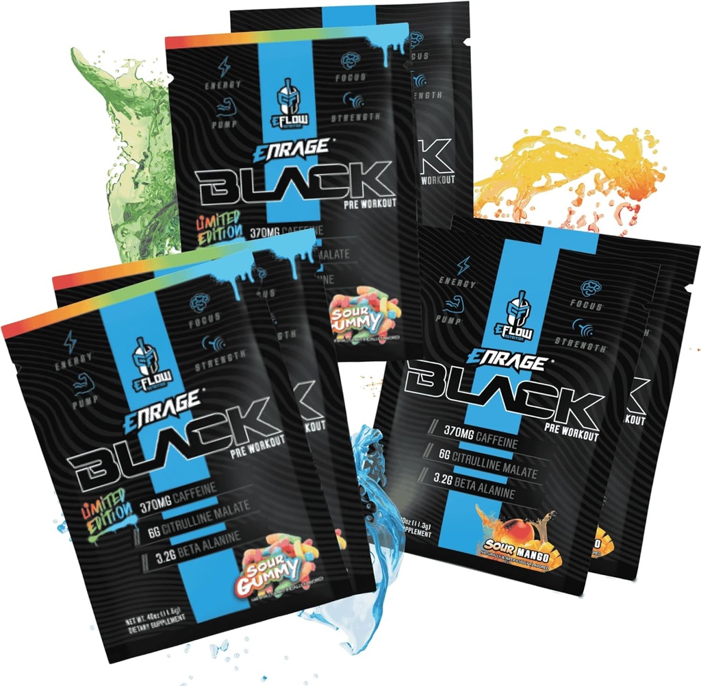 eFlow Nutrition ENRAGE Black Preworkout Sample Packs - Travel Packs - High Stim Energy, Pump, Strength, Endurance, Focus, Nootropic Formula - Sour Gummy & Sour Mango Flavor (6 pacchetti)