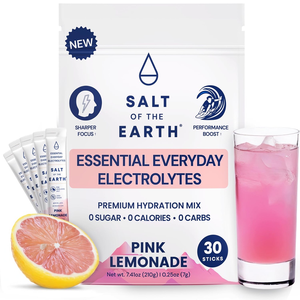 Salt of the Earth Premium Zero-Sugar Electrolyte - Realizzato con sale himalayano rosa - Pacchetti di polvere di idratazione | Ingredienti premium | Keto & Paleo Friendly | 30 Sticks, Limonata rosa